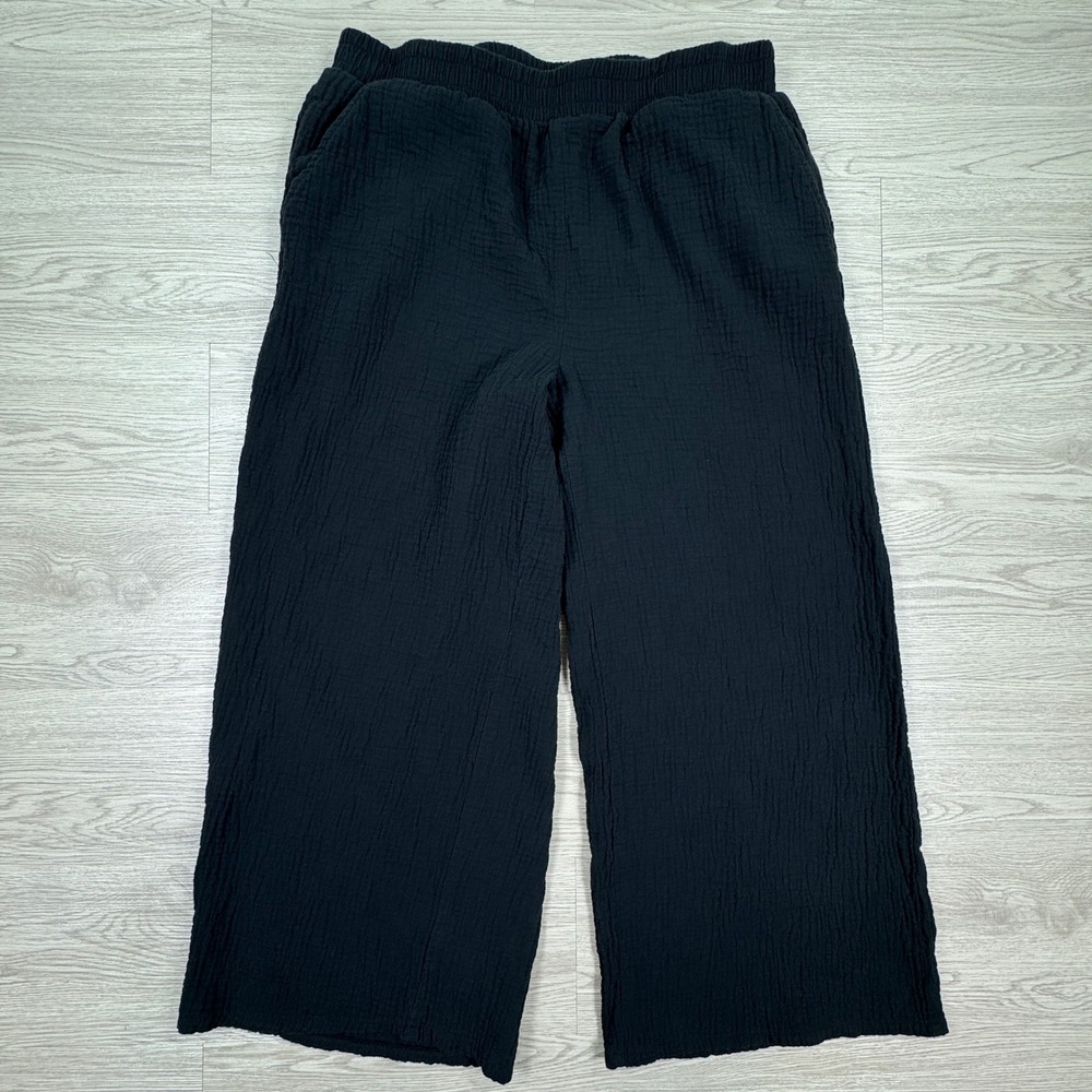 Hurley Women's Pants Wide Leg Gauze Cotton Black Large Elastic Waist Resortwear